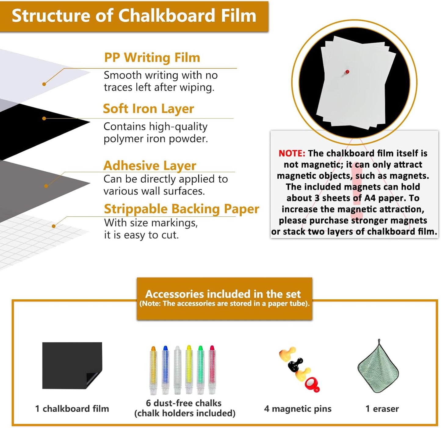 Magnetic Chalkboard Contact Paper with Adhesive, 70" x 35" Magnetic Blackboard Film for Walls, Peel and Stick – Ideal for Office, Classroom, Home. Includes Dustless Chalk, Wiping Cloth, and Magnet