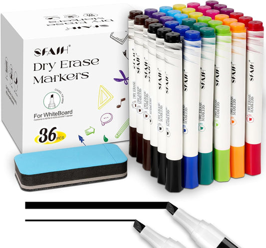 SFAIH Dry Erase Markers Chisel Tip with Magnetic Whiteboard Eraser, 36 Bulk 12 Assorted Colors White Board Markers for Teachers, Versatile Lines, 1s Quickly Dry, Perfect for Classroom and Office