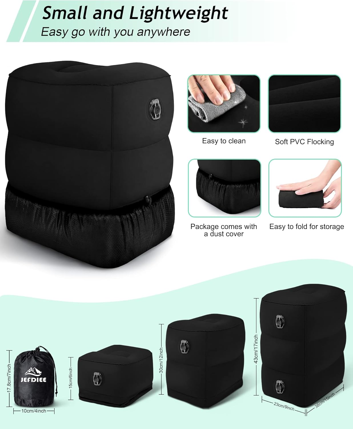 JefDiee Inflatable Travel Foot Rest Pillow, Kids Airplane Bed, Adjustable 3 Layers Height Leg Rest Pillow, Adults Travel Essentials Great for Airplane, Office, Home, Trains, Cars (Black)