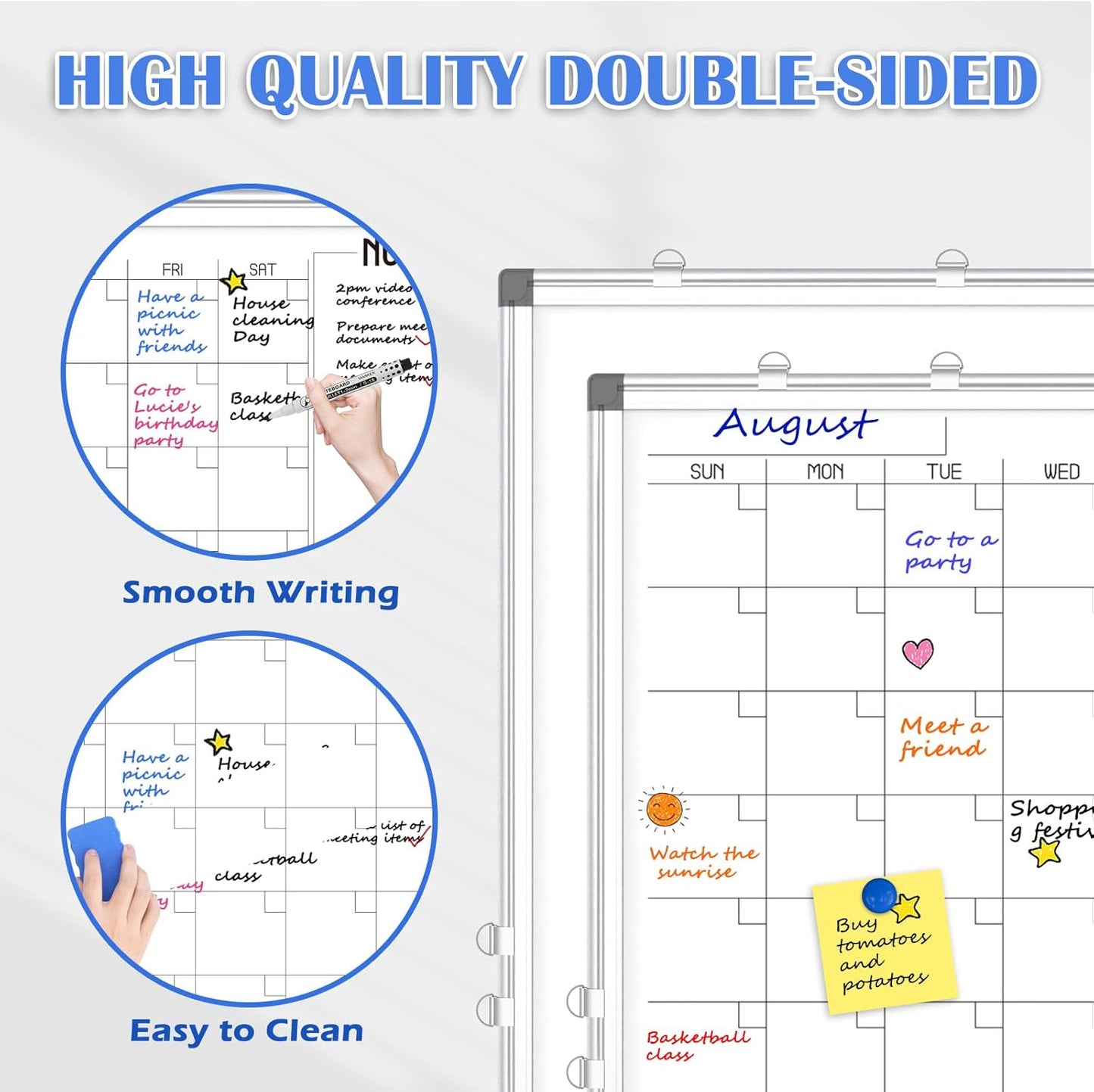 WALGLASS Dry Erase Calendar Whiteboard, 48" x 36" Monthly Large Dry Erase Calendar for Wall, Double-Sided Hanging White Board with Silver Aluminum Frame for Home, School, Office, Kitchen