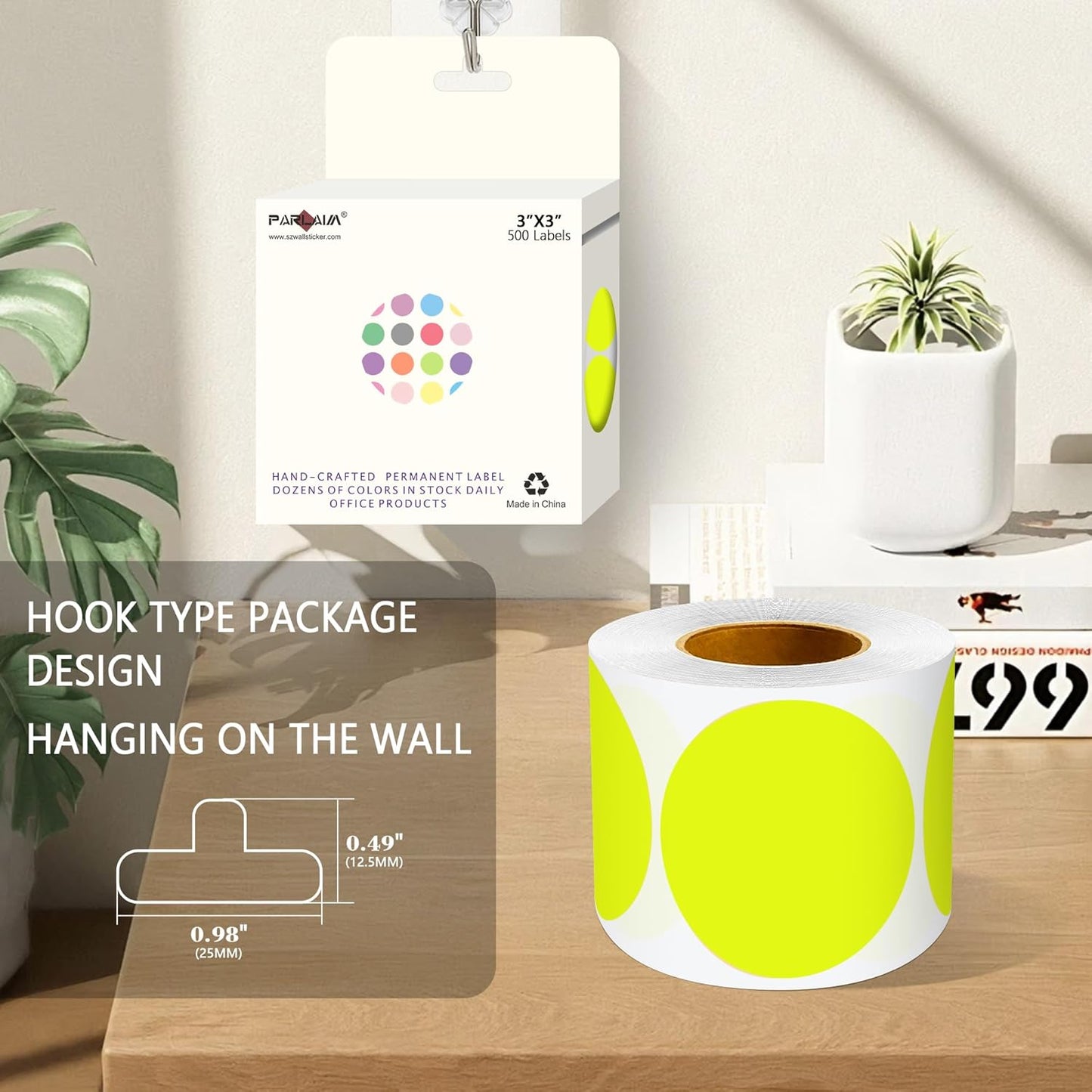 PARLAIM 3" Diameter Round Fluorescent Yellow Color Coding Sticker, 4 Rolls 2000PCS Circle Dot Label,Permanent for Inventory Box Labeling