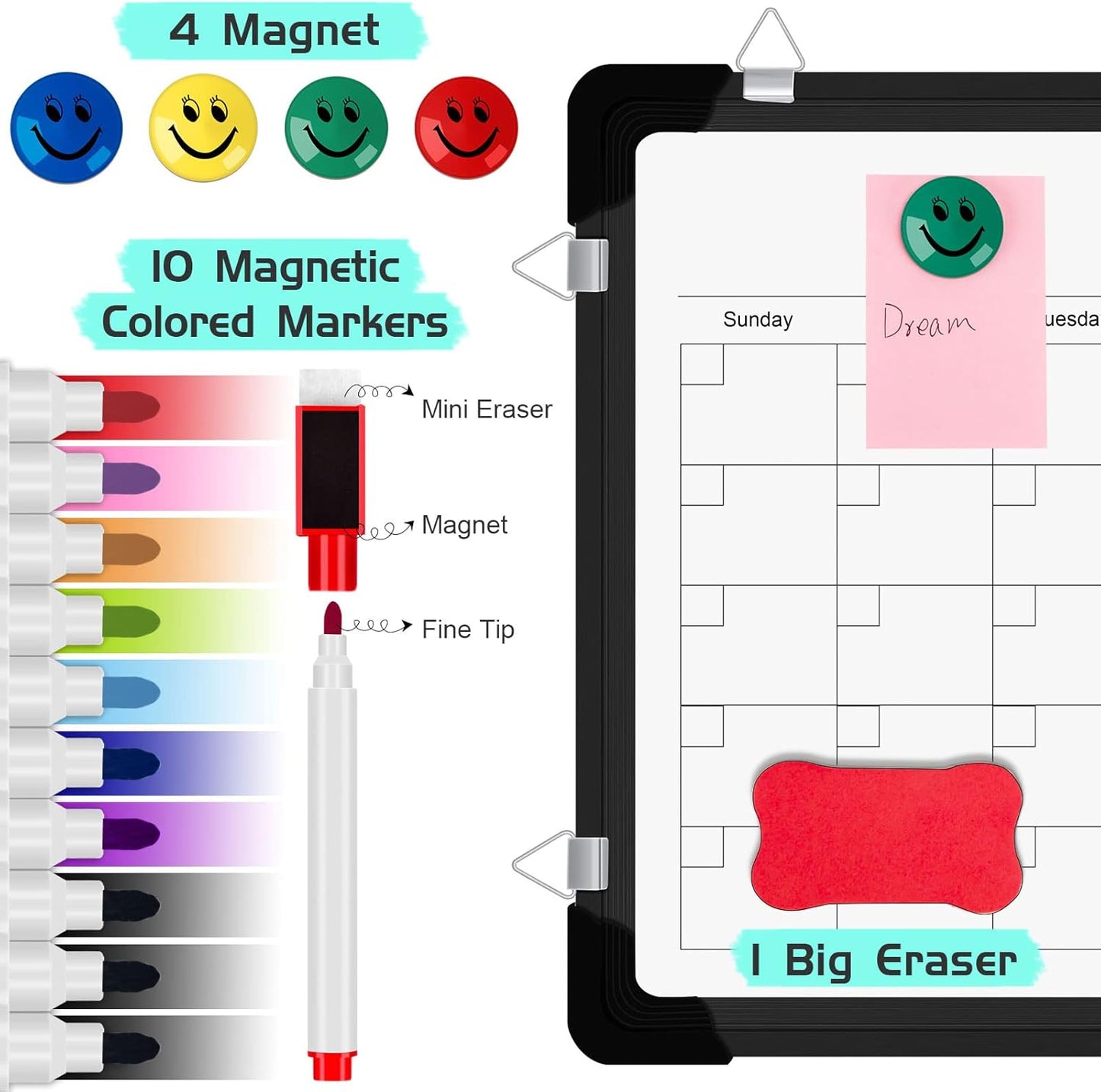 Polegas Dry Erase Whiteboard Calendar, Magnetic White Board Dry Erase Calendar, 16" X 12" Monthly Calendar Whiteboard for Wall, Small Double Side Board to Do List for Home, School, Office (Black)
