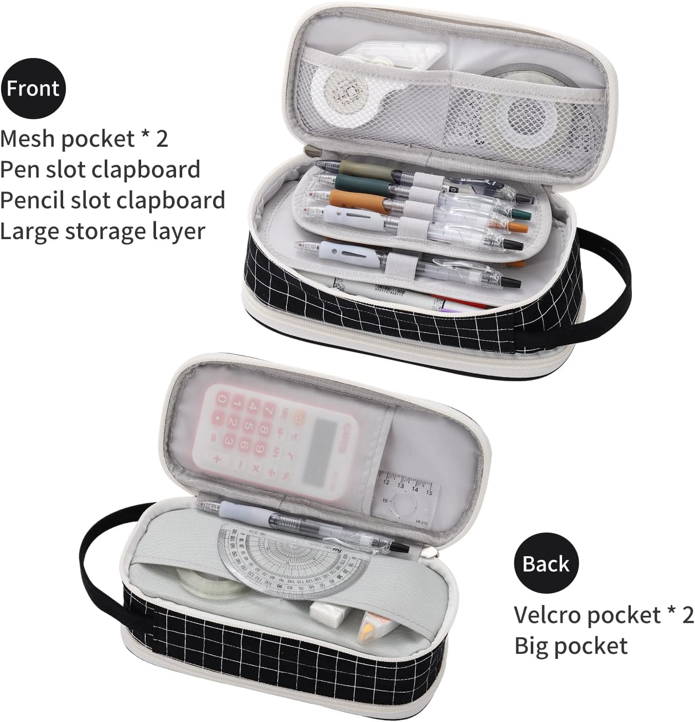 Large Pencil Case Zipper Pencil Pouch for Girls Boys Adults Kids Aesthetic Pencil Bag Organizer Big Capacity Pens Bag with Handle Portable for School Office Black-plaid