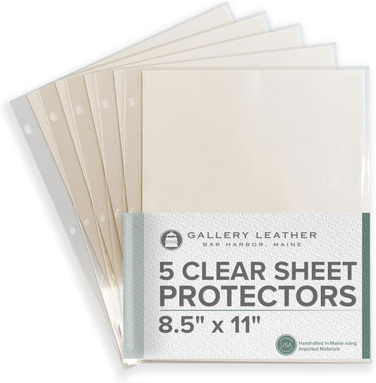 Gallery Leather Clear Sheet Protectors for 3 Ring Binder - Top Loaders Sleeves, 8.5 x 11 Inch, 5 Sheets, Archival Safe, Letter Size, for Documents, Presentations and Photos