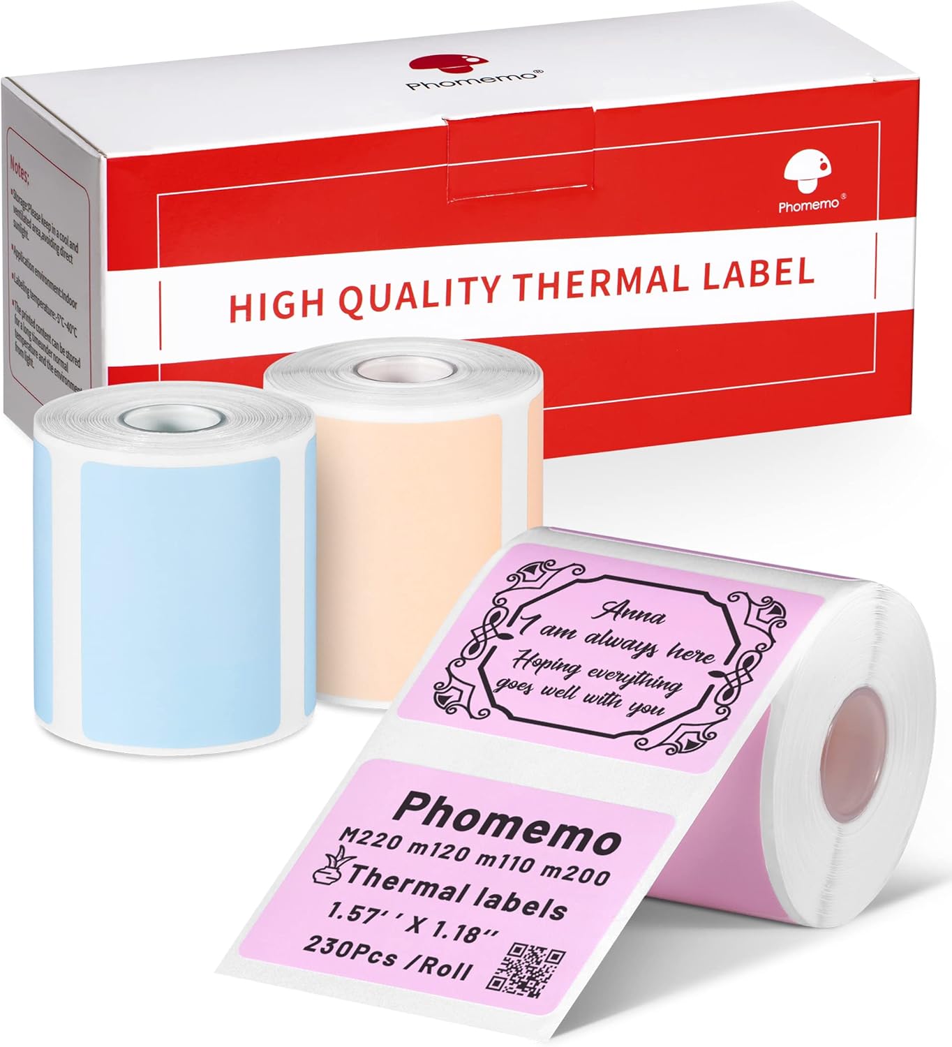 Phomemo Labels,Thermal Color Label,1.57'' x 1.18''Square Self-Adhesive Sticker Paper for Phomemo M110 M220 M221 M120 M108 M150 M250 M260 M160 M200 Printer, for Barcode,Name,Address (Pink/Blue/Khaki