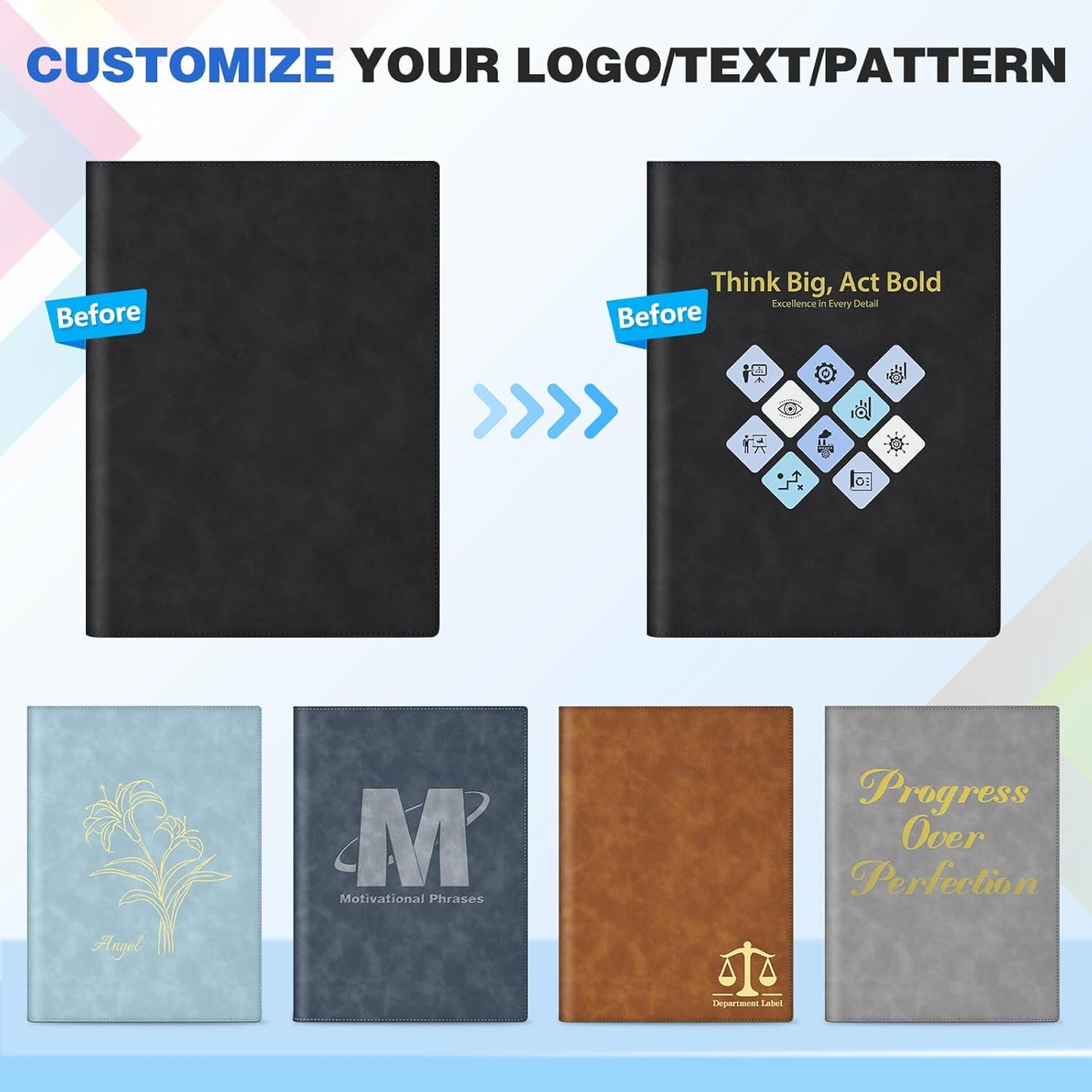 Personalized Padfolio Folder, Leather Custom Portfolio for Men & Women Resumes Office Business, A4 Portfolio Binder for Office College Resumes (Blue)