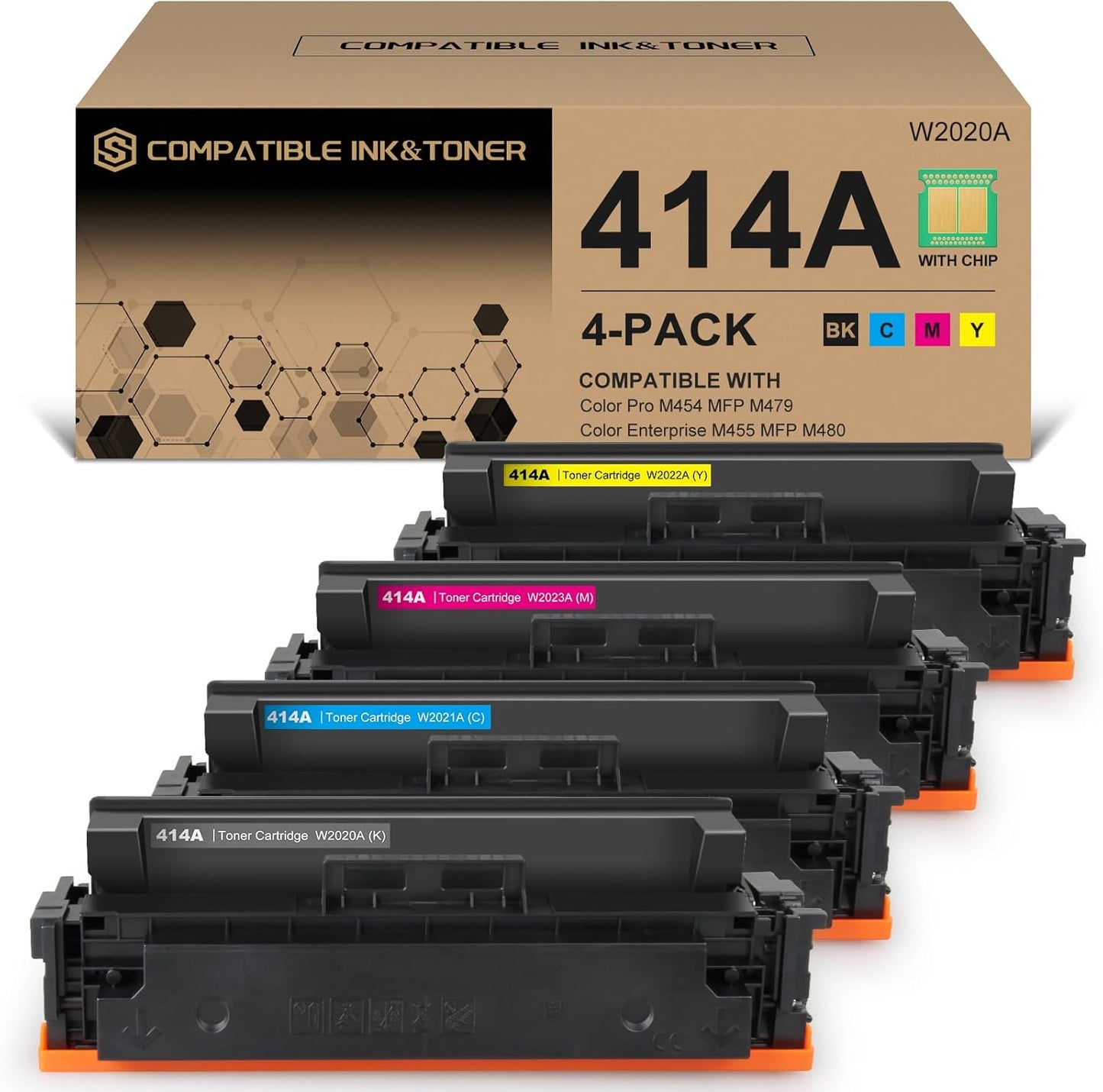414A Toner Cartridges 4 Pack (with Chip) Works with Color Pro MFP M479fdw M479fdn M454dw M454dn M479dw M455dn M479 M454, Enterprise Laser Jet M455dn M480f Printer | W2020A W2021A W2022A W2023A 414X