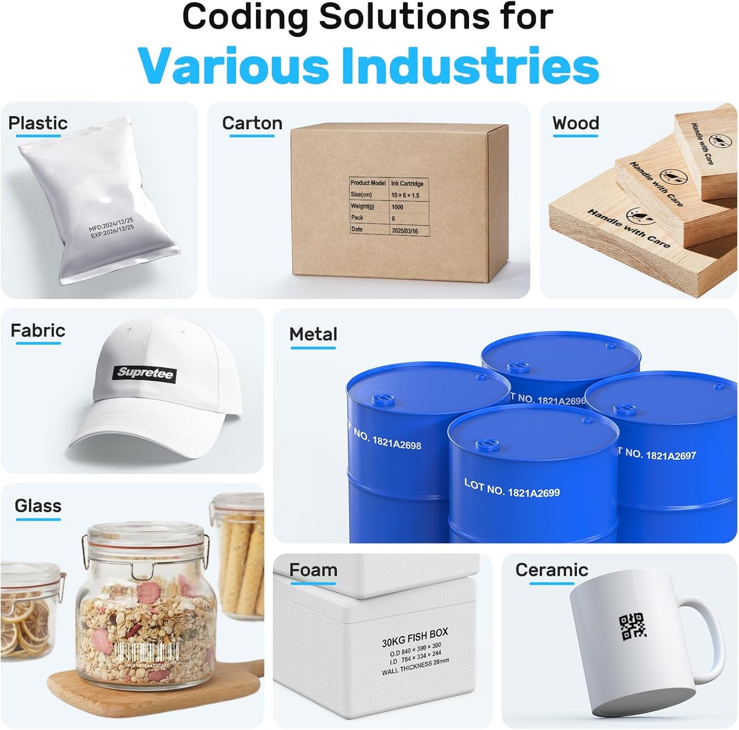 BENTSAI Handheld Inkjet Printer BT-HH6210BL 1 Inch Printhead Date Coder with 42ml Fast Dry Ink for Batch Number Expiry Date QR Code Barcode Logo on Any Surfaces to Use on Conveyor Line for Auto Print