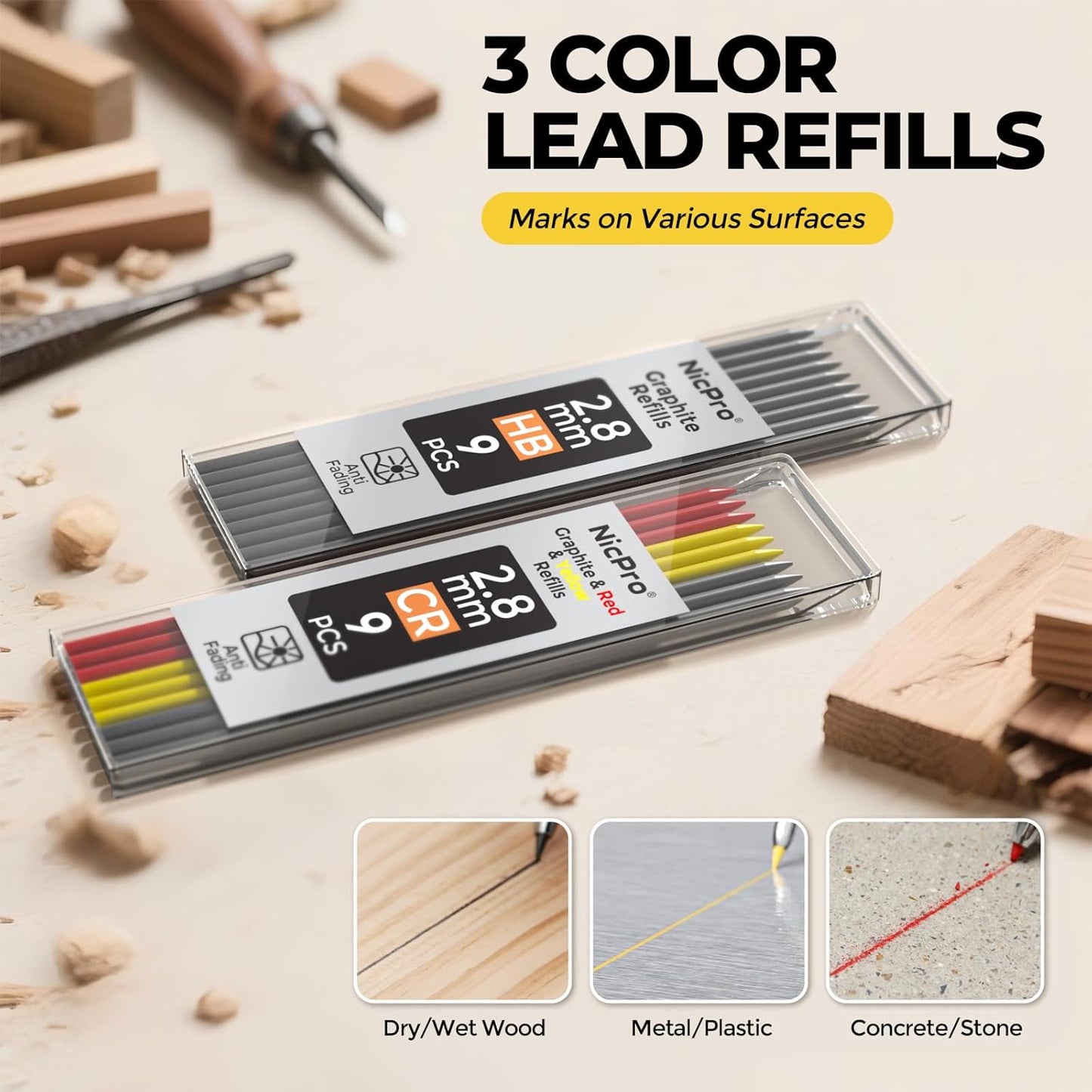 Nicpro CP3000 Carpenter Pencil with Sharpener, 2.8 mm Mechanical Pencils with 19 Refills, Deep Hole Marker for Construction, Heavy Duty Woodworking Pencil, Carpenter Tools for Architect Marking(Green)