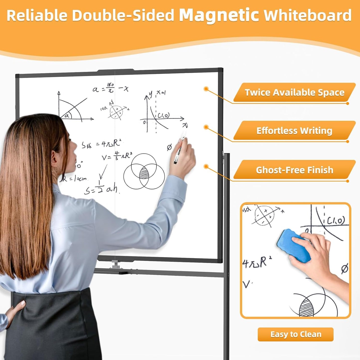 WALGLASS Rolling Whiteboard on Wheels, 72"x40" Double-Sided Dry Erase White Board with Stand, Large Magnetic Whiteboard, Giant Portable Standing Board for Office, School, Home, Classroom 6 x 3.33 ft