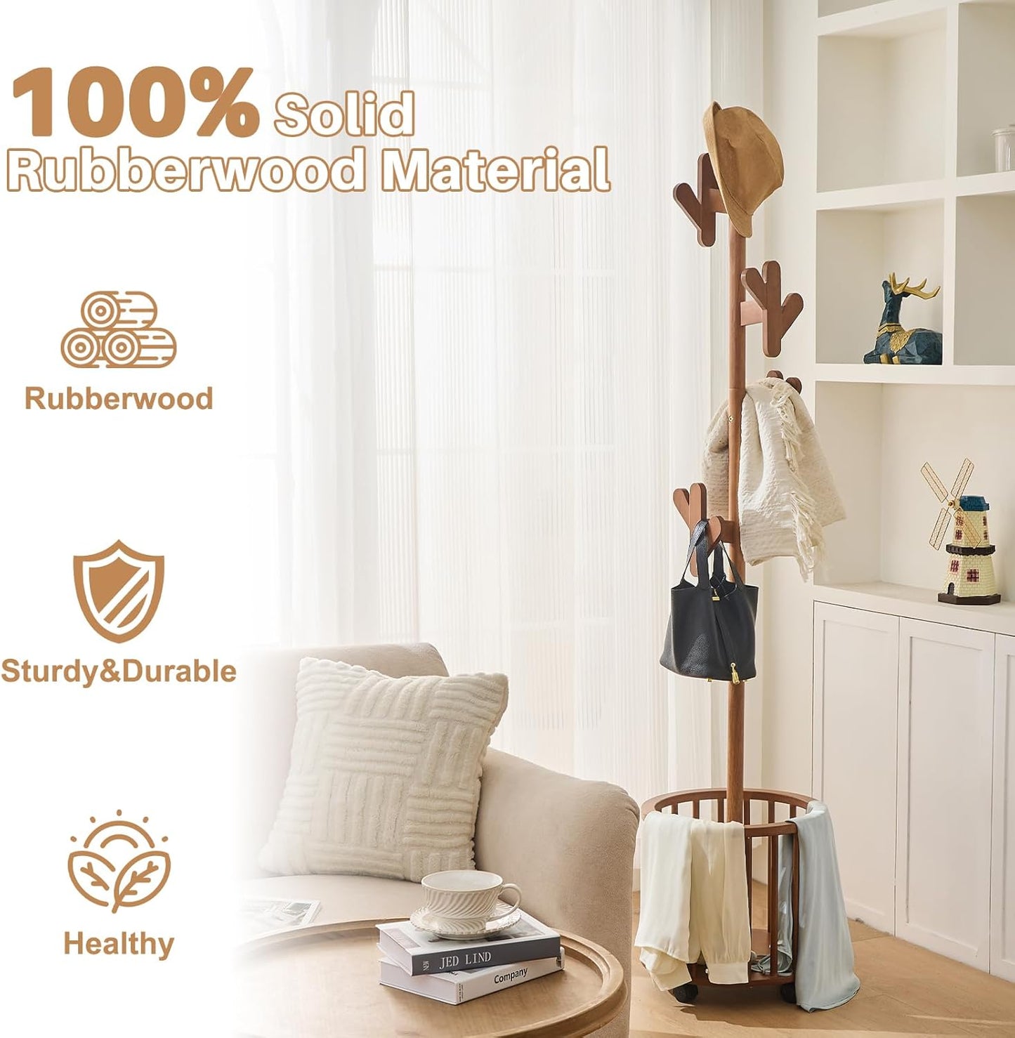 Uniclinens Solid Wood Coat Rack Freestanding with Umbrella Holder, Tree Coat Rack Stand with Lockable Universal Casters & 12 Hooks for Entryway Bedroom, Walnut