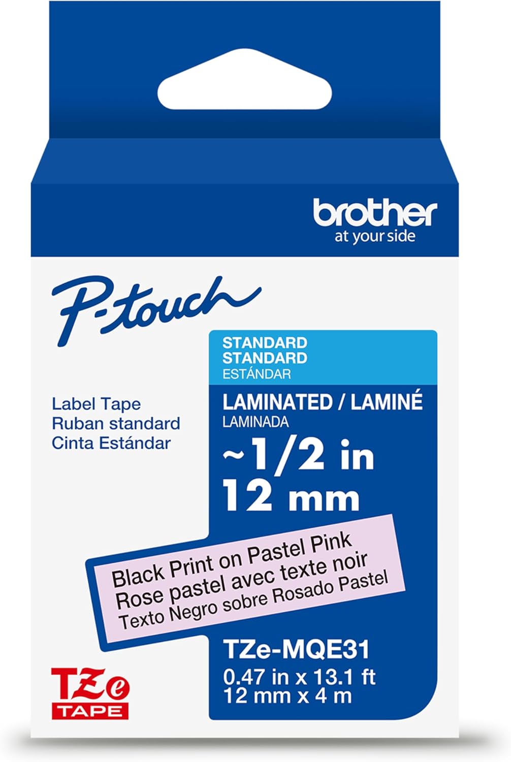 Brother Genuine P-Touch TZeMQE31 Tape, 1/2" (0.47") Wide Standard Laminated Tape, Black on Pastel Pink, Laminated for Indoor or Outdoor Use, Water-Resistant, 0.47" x 26.2' (12mm x 8M), TZEMQE31