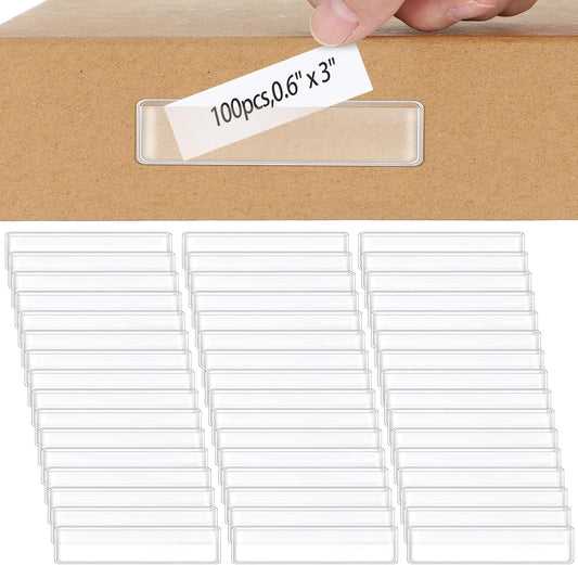 Jeyiour 100 Pcs Label Holders Adhesive Nameplate Pockets Storage Bin Labels Index Card Holder Shelf Plastic Peel Stick for Classroom Supermarket Bookshelf Library Student Box Drawer (3 x 0.6 Inch)