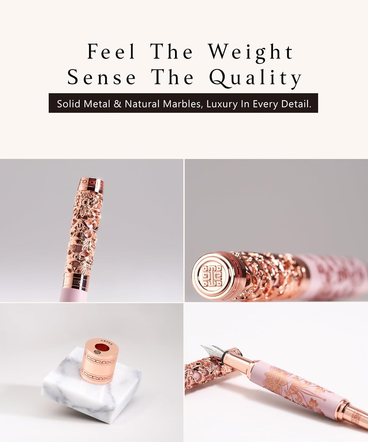 Luxury Fountain Pen Set With Stand - Museum Art Collections - Crafting Timeless Beauty - the Best Gift & Office Desk Decor, German SCHMIDT Fine Nib, Solid Metal & Marble Texture