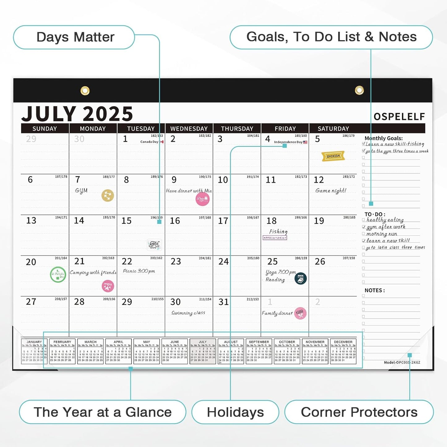 Ospelelf Magnetic Calendar 2025-2026 for Refrigerator, Desk Wall Calendar, July 2025 to December 2026, Monthly Large Planner Pad with Plastic Cover 17" X 12" Black