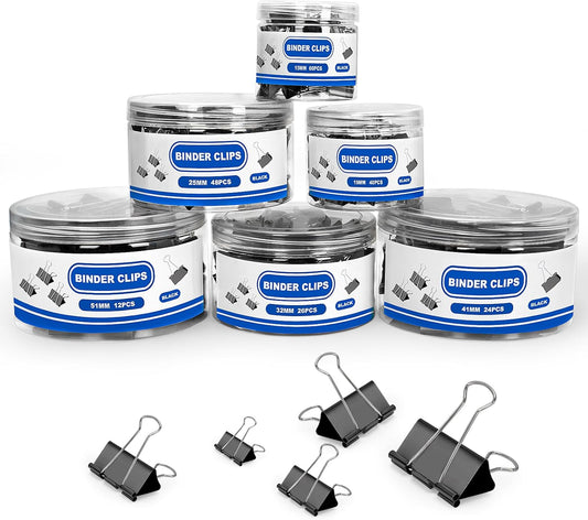 BainGesk 210 PCS Binder Clips Paper Clamps Assorted Sizes, X Large, Large, Medium, Small, Mini and Micro Metal Paper Binder Clips, Black Binding Paperwork Clamp Bulk, Office, School Supplies