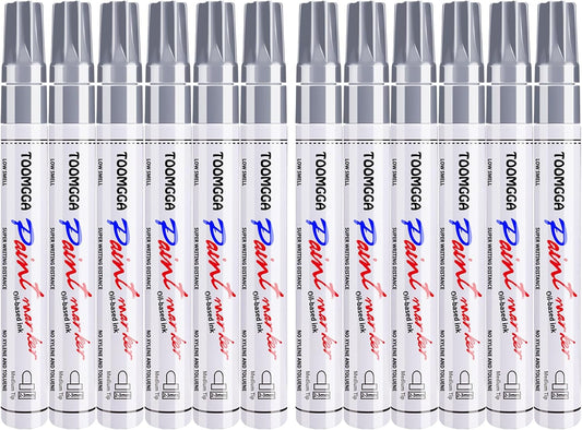 Silver Paint Pens Paint Markers - 12 Pack Permanent Markers Oil Based for Metal Wood, Pens for Metal, Car Tyre, Wood, Plastic, Rock Painting, Glass, Craft Supplies, Waterproof