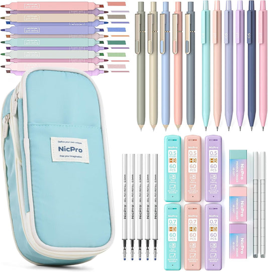 Nicpro 39 PCS Aesthetic School Supplies with Cute Pen Case, 12 Pastel Highlighters, 5 Black Ink Gel Pens, 6 Mechanical Pencils Set 0.5 & 0.7mm for Students Stationary College Essentials (Blue)