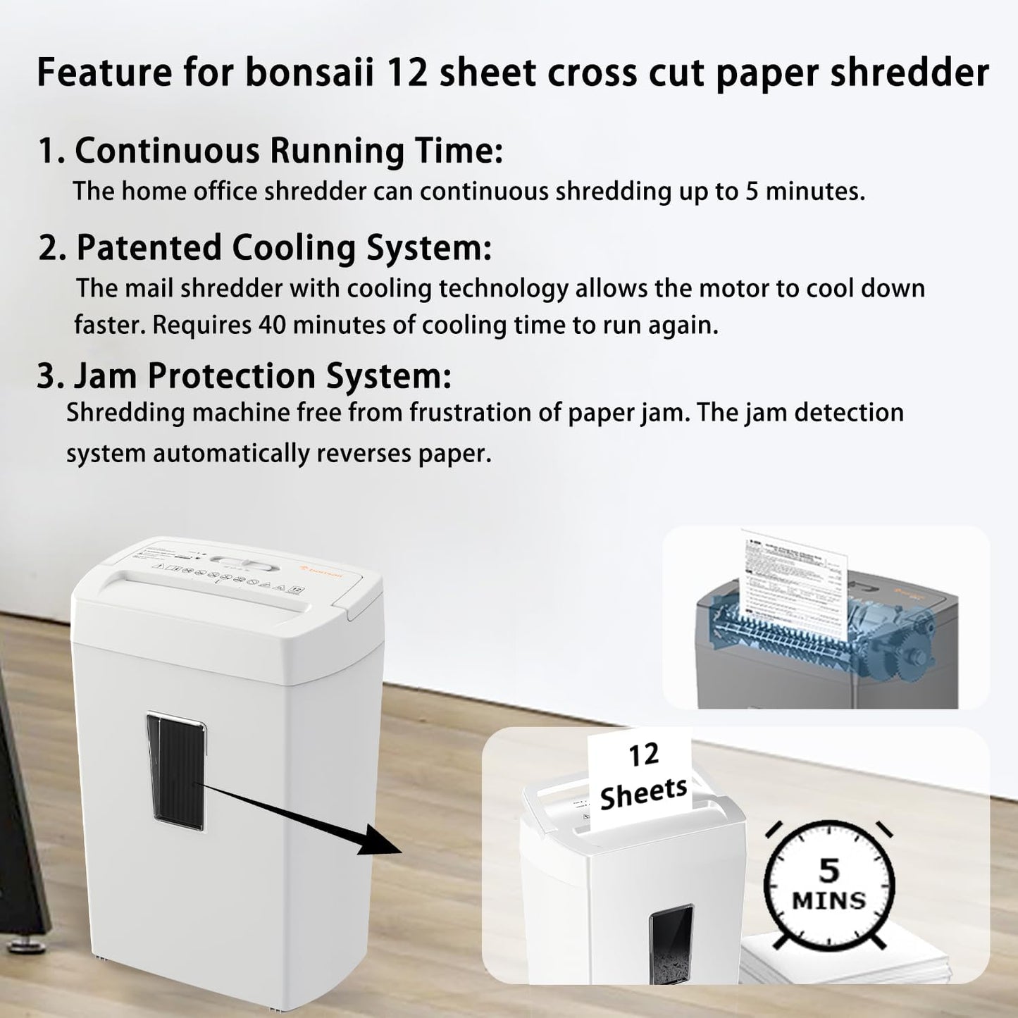 Bonsaii Heavy-Duty Cross-Cut Shredder, Handles up to 12 Sheets at Once, Providing P-4 high Security, Credit Cards, Mail & taples, 5.5-Gallon bin with a Transparent Window, Use in Home Offices, White