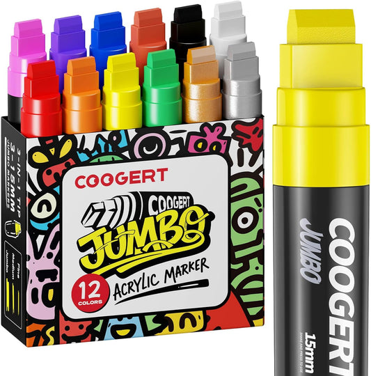 12 Vibrant Colors Jumbo Poster Markers, 15MM Thick Permanent Acrylic Graffiti Markers, Wide Tip Paint Marker for Canvas, Posters Board, Fabric, Window, Wood, Teachers,Banner painting supplies