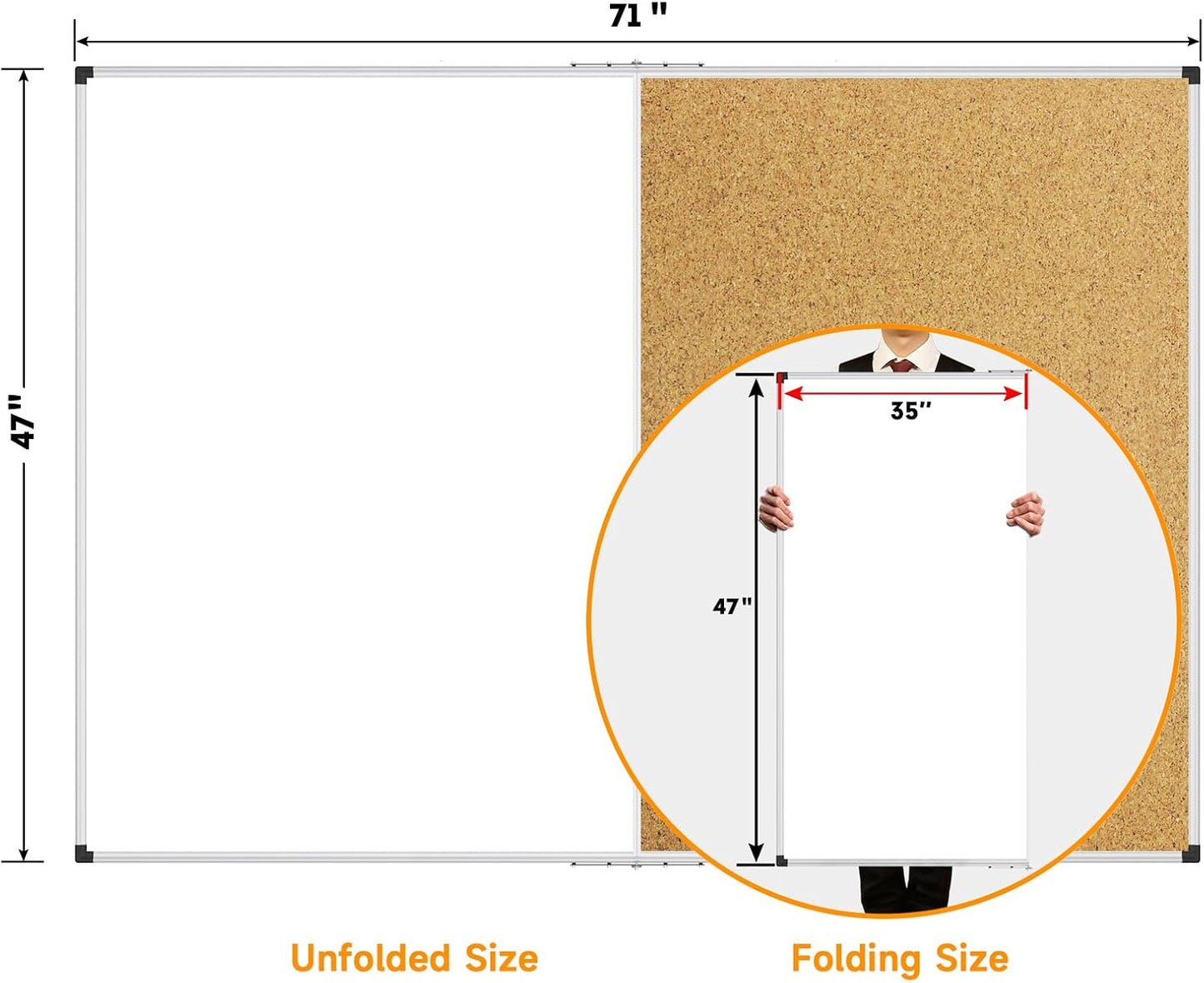 XBoard Extra Large Magnetic White Board and Bulletin Corkboard Combination, 72 x 48 Inch Foldable Dry Erase & Cork Combo Board for Wall with Aluminum Frame, 6' x 4' Notice Memo Board Pin Vision Board