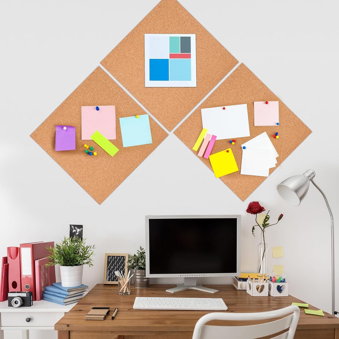 6 Pac Self-Adhesive Square Cork Boards for Wall with 100 Push Pins for Bulletin Boards Cork Wall Home School Office Decorative（12"x12"x1/4" ）