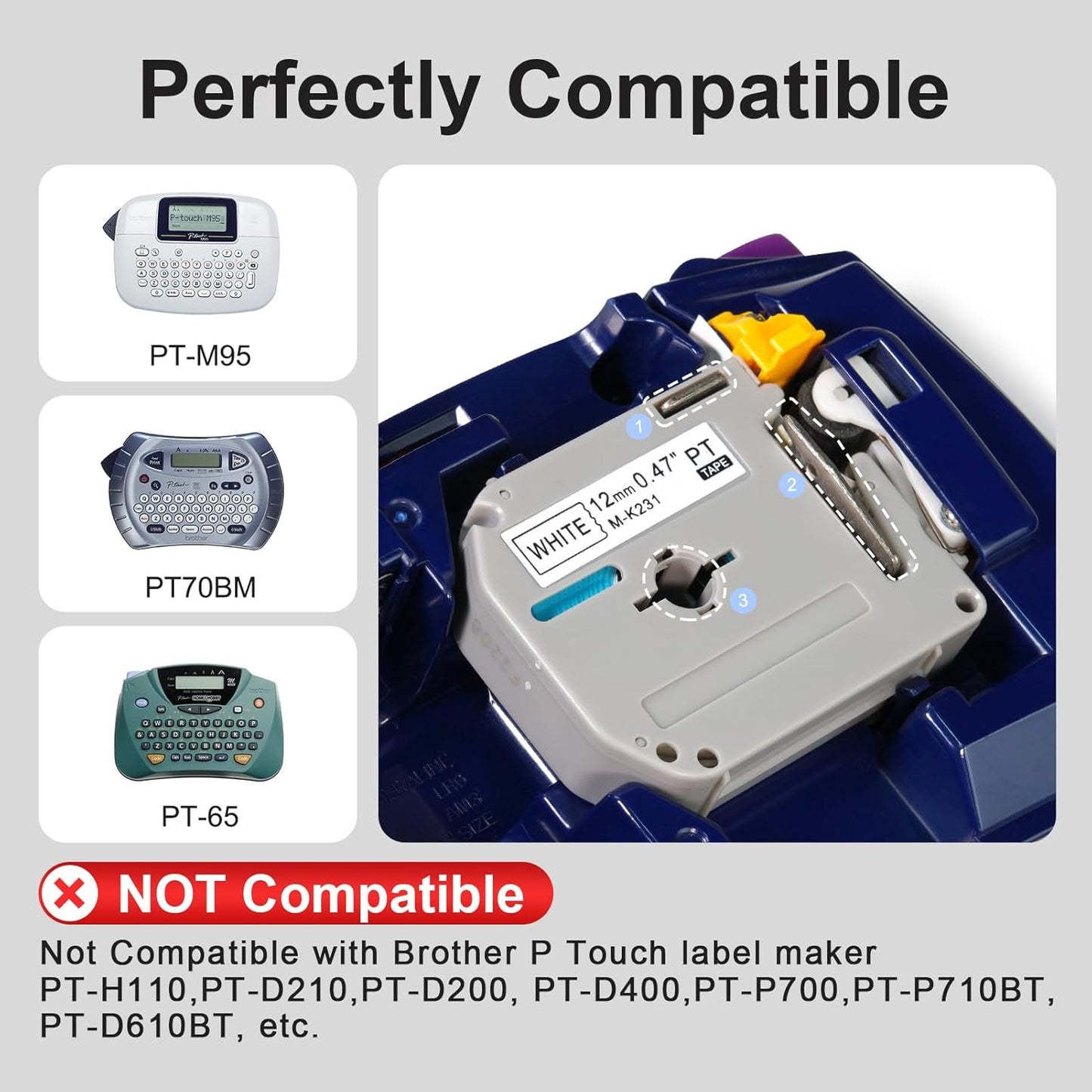 6 Pack Fluorescent Color Compatible M-k231s Brother Label Tape 12mm 0.47 Replacement for Brother P Touch M Tape M-K231 Compatible with P Touch PT-M95 PT-90 PT-70 PT-65 PT-85 Label Maker Refills