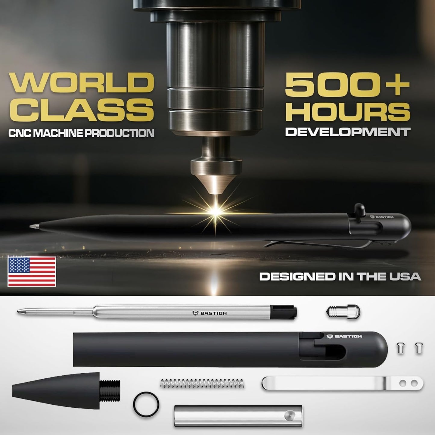 BASTION® Luxury Slim Bolt Action Pen, Durable EDC Pen with Fine Tip, Professional Ballpoint Pen for School and Work - Stainless Steel Black