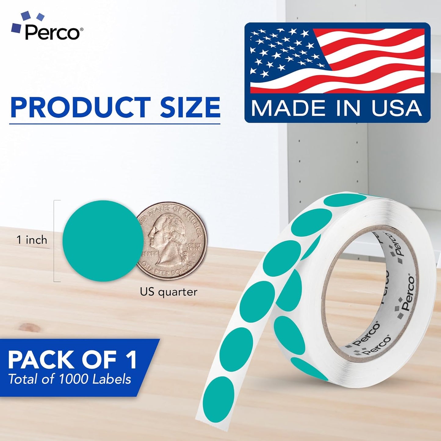 Perco Teal 1-Inch Round Circle Dot Sticker Labels with Easy Peel Perforation - 1,000 Labels per Roll - Strong Adhesion, Vibrant Colors for Organizing, Crafting & More - Made in USA
