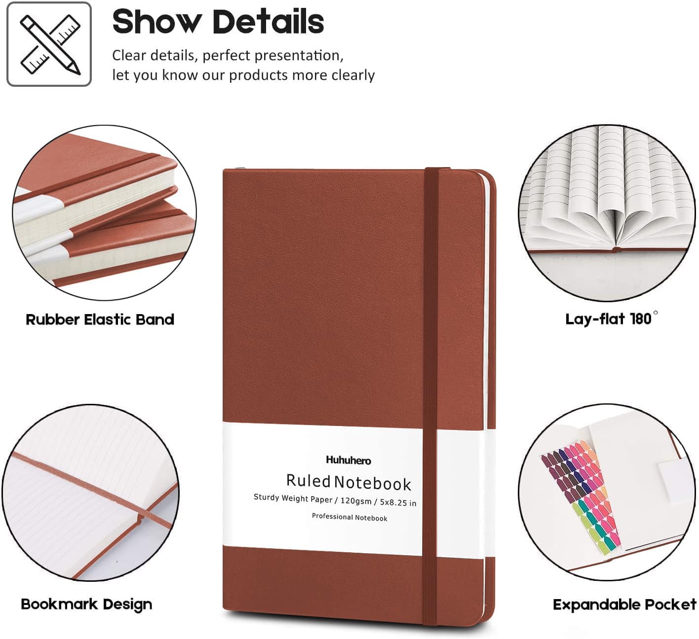 Huhuhero Notebooks Journal, Ruled Notebook, Premium Thick Paper Lined Journal, Black Hardcover Notebook for Office Home School Business Writing Note Taking Journaling, 5"×8.25" (5, Brown)