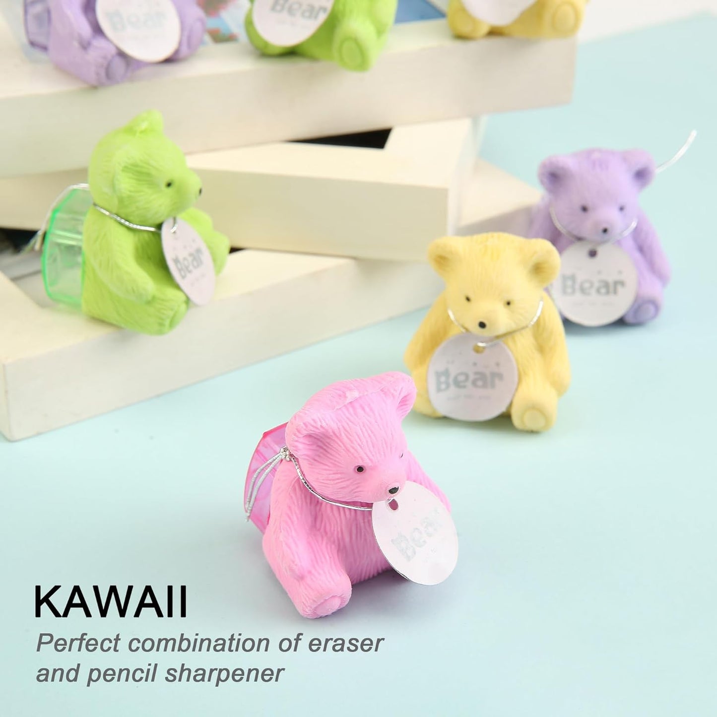 8Pcs Cute Backpack Bear Erasers Desk Pets for Kids, Kawaii Fun Animal Erasers with Pencil Sharpener for School Classroom Supplies Prize Gifts Party Favors