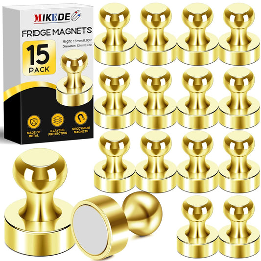 MIKEDE Fridge Magnets - 15 Pcs Gold Neodymium Push Pins for Whiteboard, Office, School & Classroom