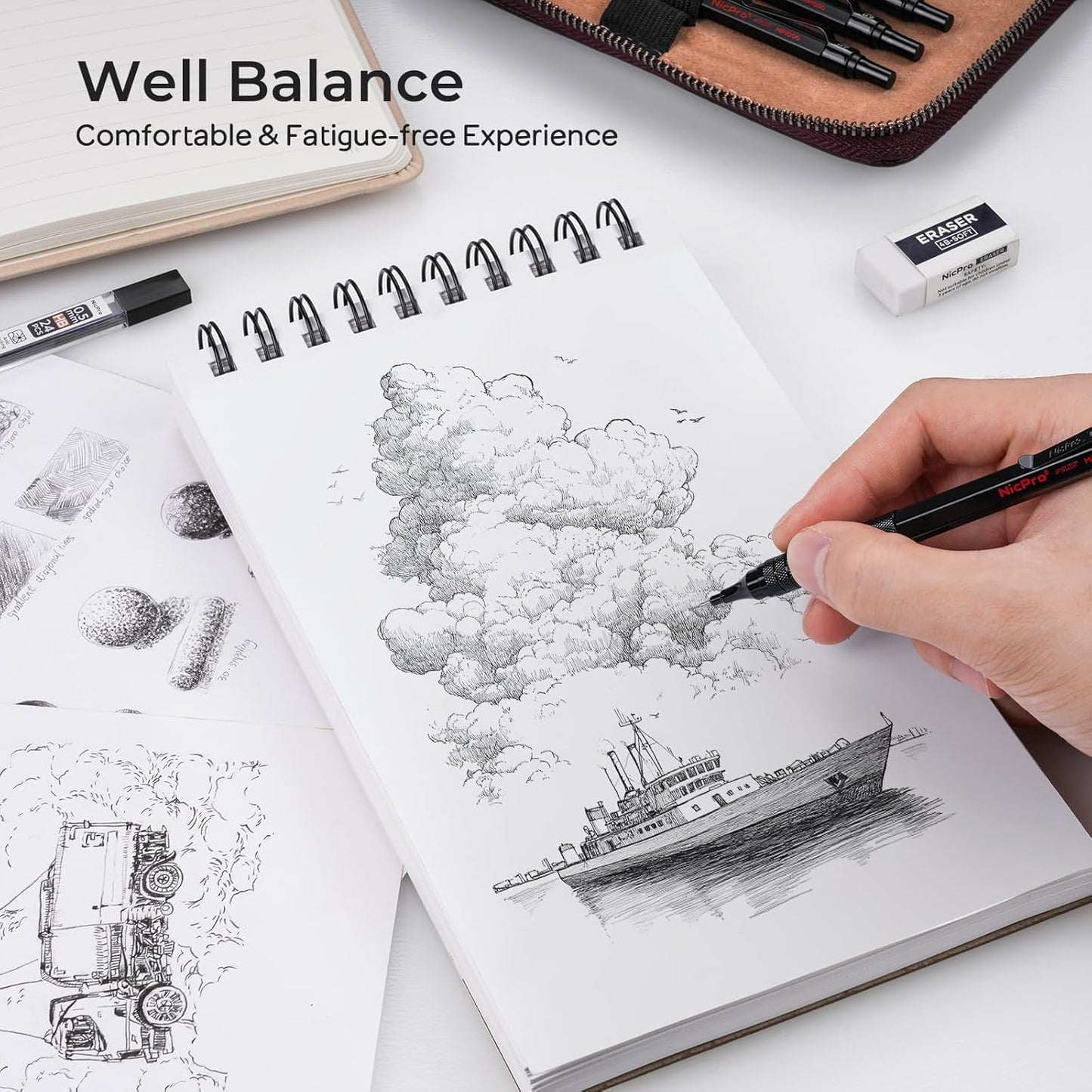 Nicpro 33PCS Black Metal Mechanical Pencil Set in Leather Case, Art Drafting Pencil 0.3, 0.5, 0.7, 0.9 mm, 2mm Lead Holders for Sketching Drawing with 18 Tube (6B 4B 2B HB 2H 4H Colors) Lead Refills