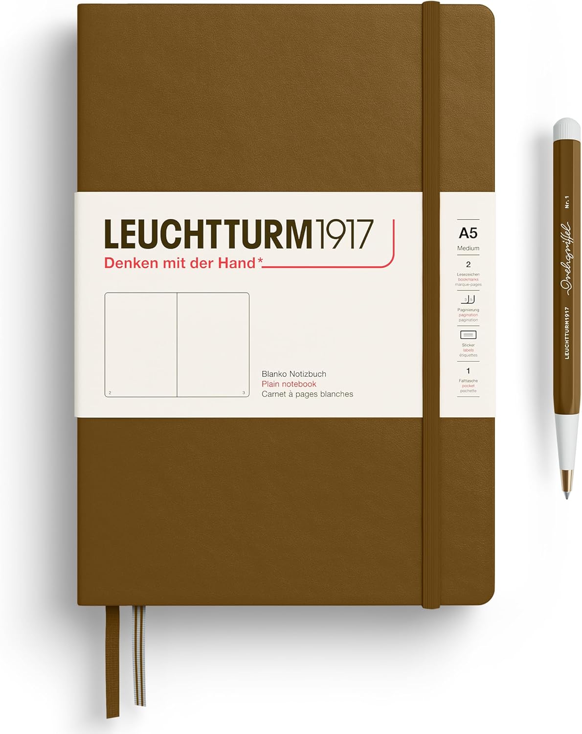 LEUCHTTURM1917 - Notebook Hardcover Medium A5-251 Numbered Pages for Writing and Journaling - Thinking Ahead (Plain Paper, Spice Brown)