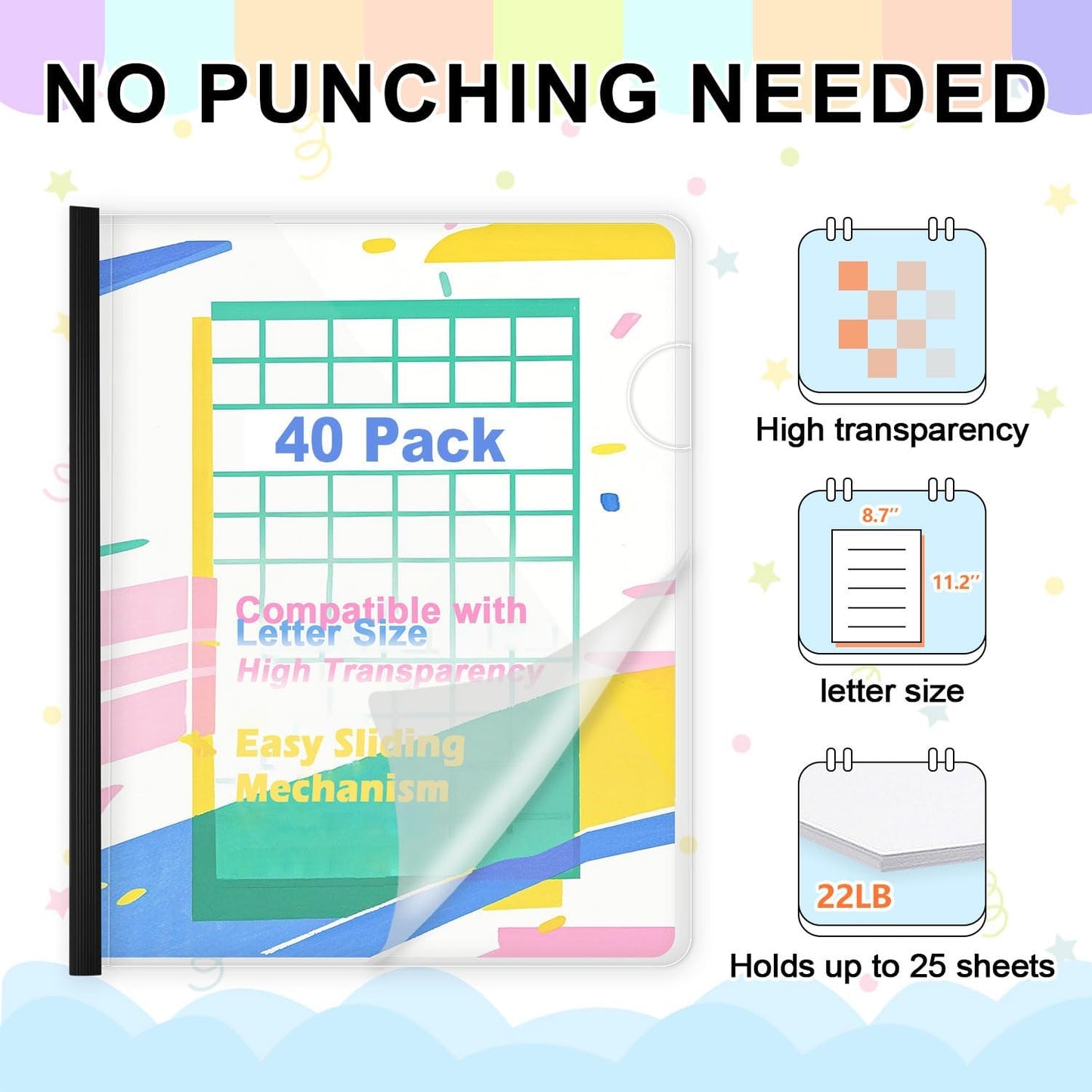 TOTiyea 40 Pack Clear Report Covers with Sliding Bars, 5mm (40 Sheet Capacity) Black Sliding Bar File Folders, for Letter Size