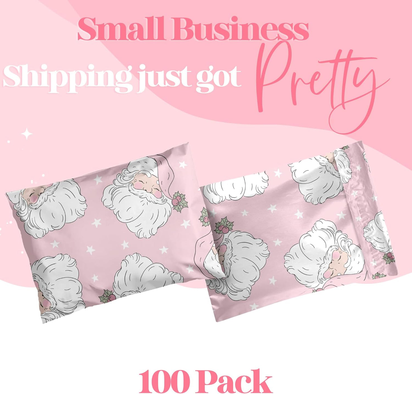14.5x19 Designer Christmas Holiday Poly Mailers 100 Pack Heavy Duty Waterproof Self Seal Shipping Bags Large Mailing Envelopes Bulk Tear Resistant Cute Packaging Pink Santa
