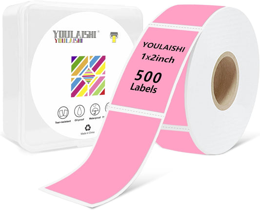 1x2 inch Label Stickers Roll for Thermal Printer 500PCS Pink Colored Removable Freezer Labels Waterproof Blank Sticker Labels to Write on for Food Containers and Jars