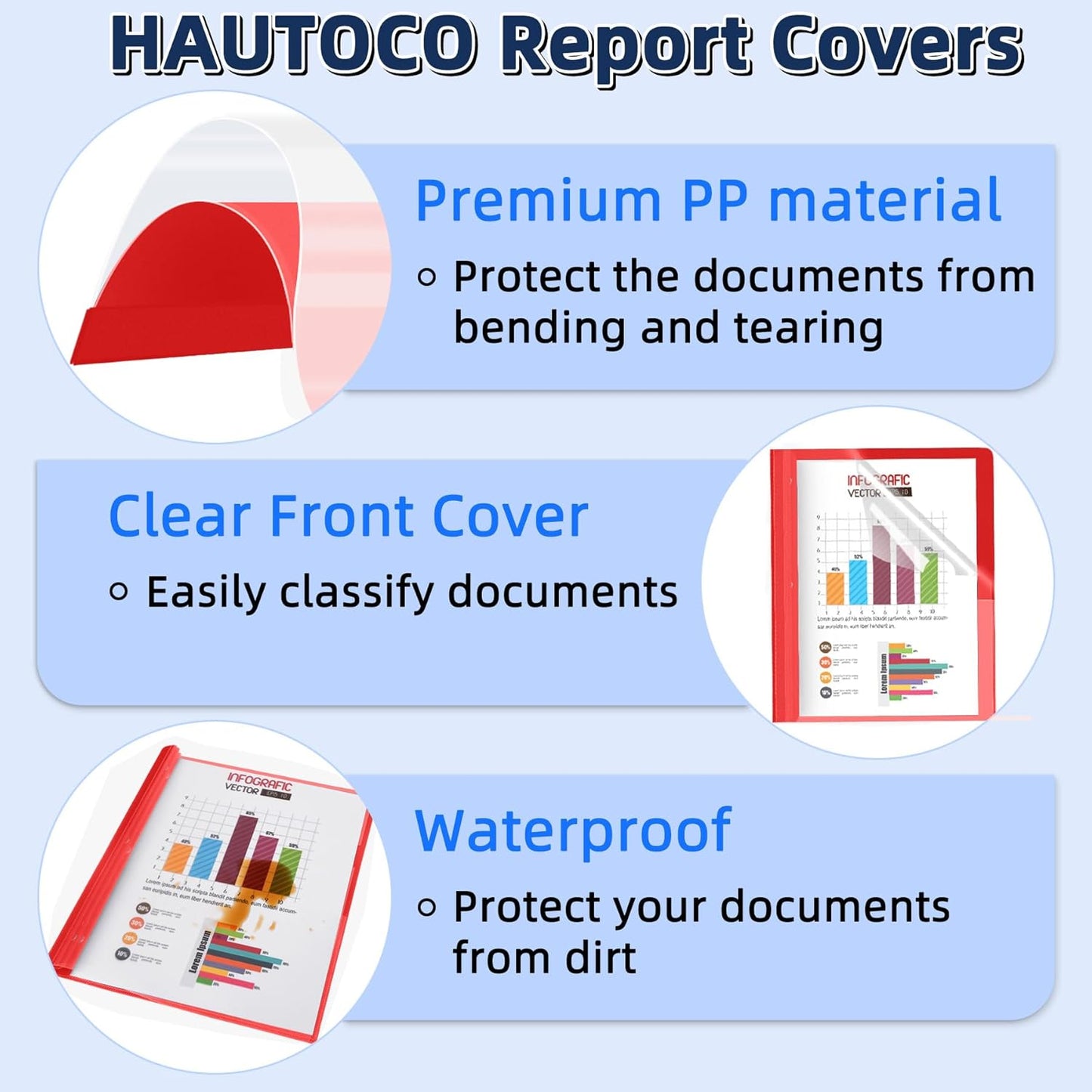 HAUTOCO 5 Pack Plastic Report Covers with 3-Prong Fasteners Clear Front Presentation Folders Resume Folders for 8.5x11 Letter Size Paper, Document Report Cover for School Office Business, Red