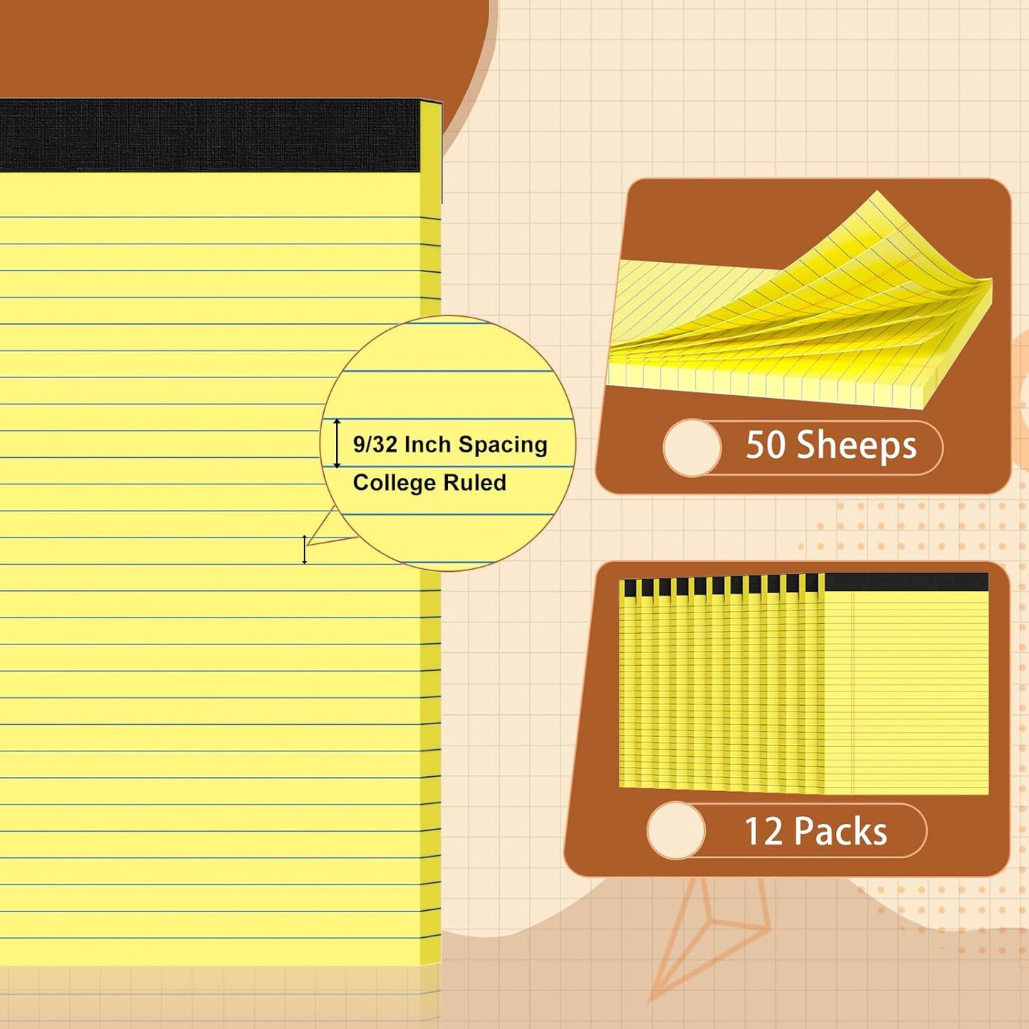 Legal Pads 8.5 X11, Narrow Ruled Notepads, 12 Pack, 50 Sheet/Pad, Yellow Legal Pads, Tear Off Notepad, Perforated Writing Pad, Notebook Paper College Ruled, Notepads for Office Home School, Notepad