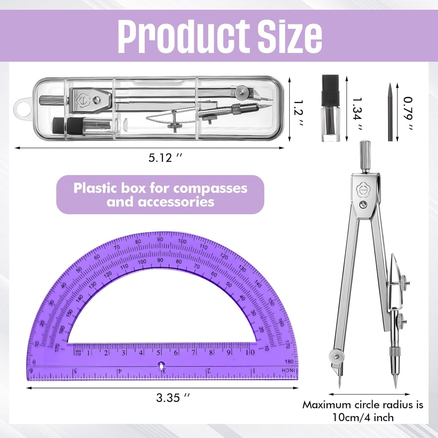 EBOOT Student Geometry Math Set, Drawing Compass and 6 Inch Swing Arm Protractor 180 Degree Math Protractor (Purple)