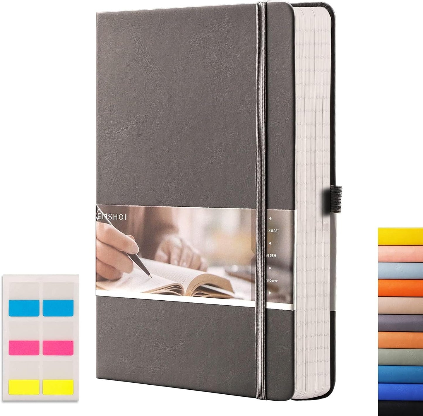 EMSHOI A5 Lined Journal Notebook - 120gsm Thick PU Leather Hardcover with Sticky Notes, 256 Numbered College Ruled Notebook for Work, School & Writing, 5.75" x 8.38" Dark Grey