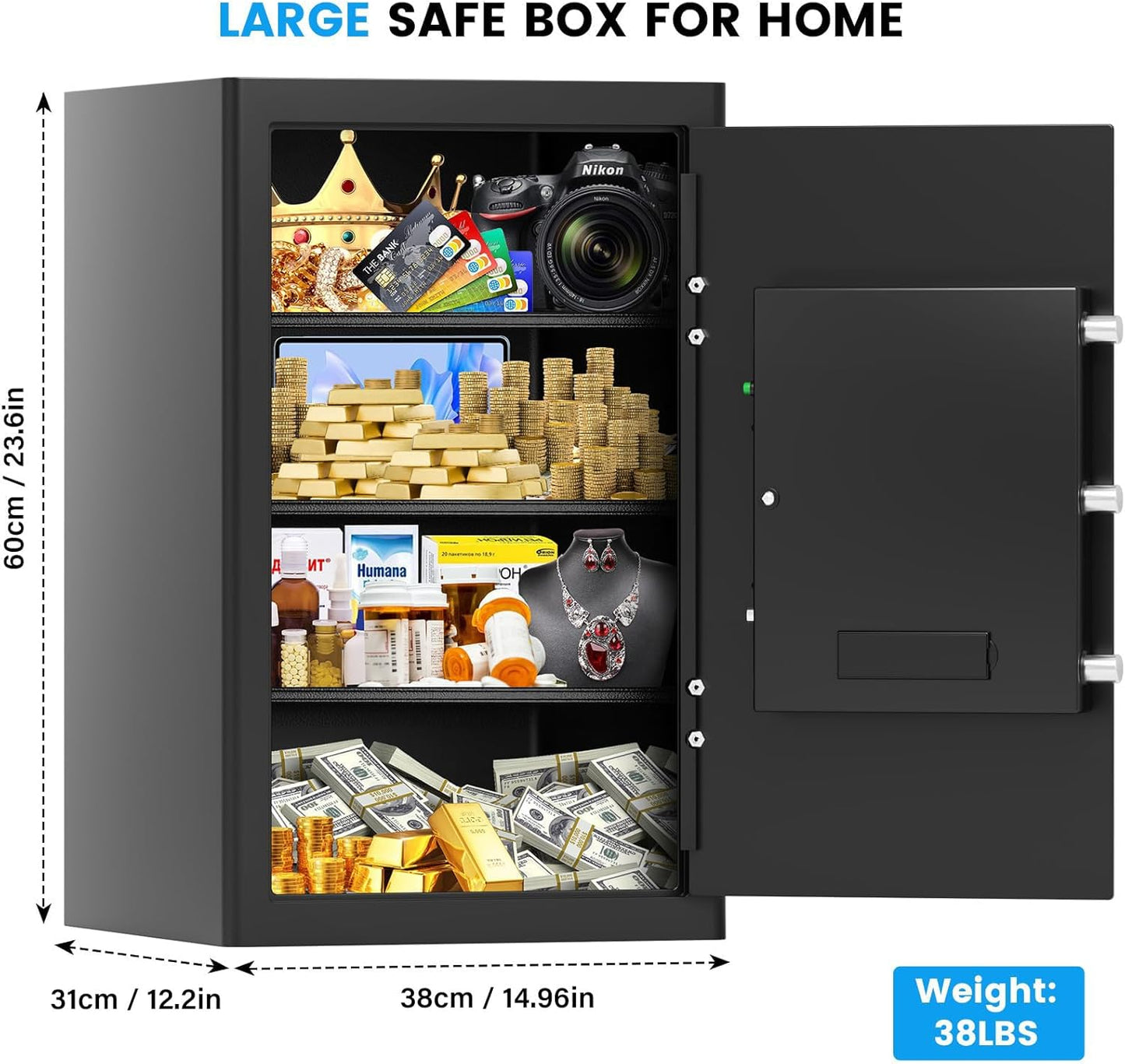 5.0 Cubic Large Home Safe Fireproof Waterproof, Digital Security Fireproof Safe Box with Combination Lock, Alarm Systerm and Removable Shelf, Fire Safes for Home Document Money Valuables
