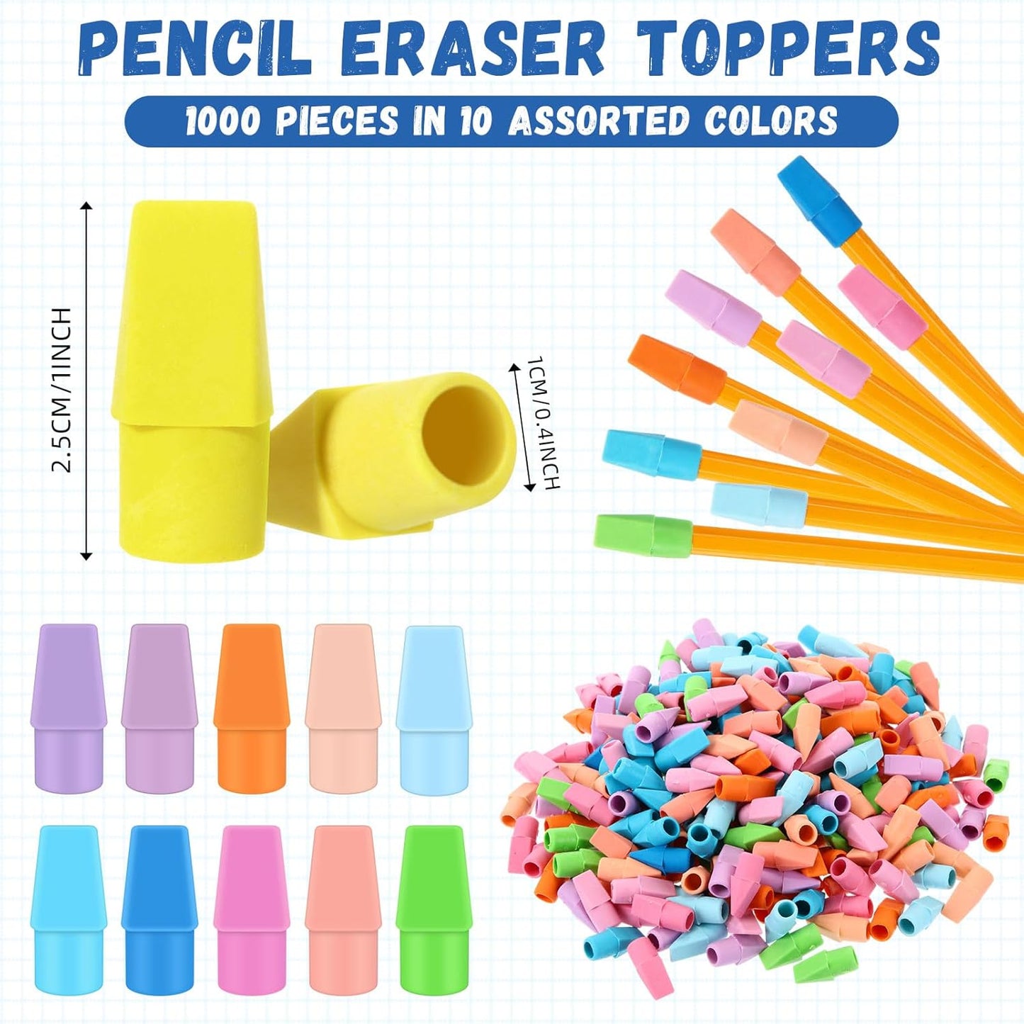 Crtiin 1000 Pcs Pencil Top Erasers Bulk Caps for Pencils Chisel Shape Erasers Toppers Classroom Party Favors Games Prizes Funny Pencil Eraser Cap for Kids Studying Supplies Home Office (Pastel)