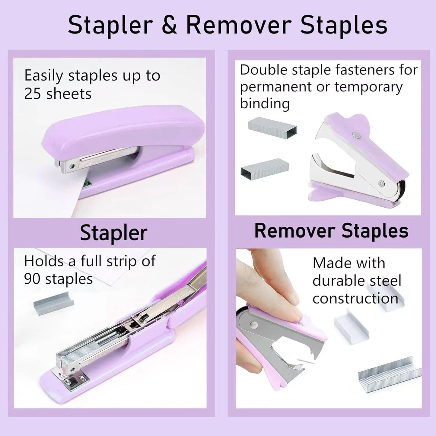 Purple Desk Accessories, Pink Office Supplies Set with Stapler, Tape Dispenser, Staple Remover, Pen Holder, Scissor, Binder/Paper Clips, Ballpoint Pen, Clear Tape and 1000pcs Staples
