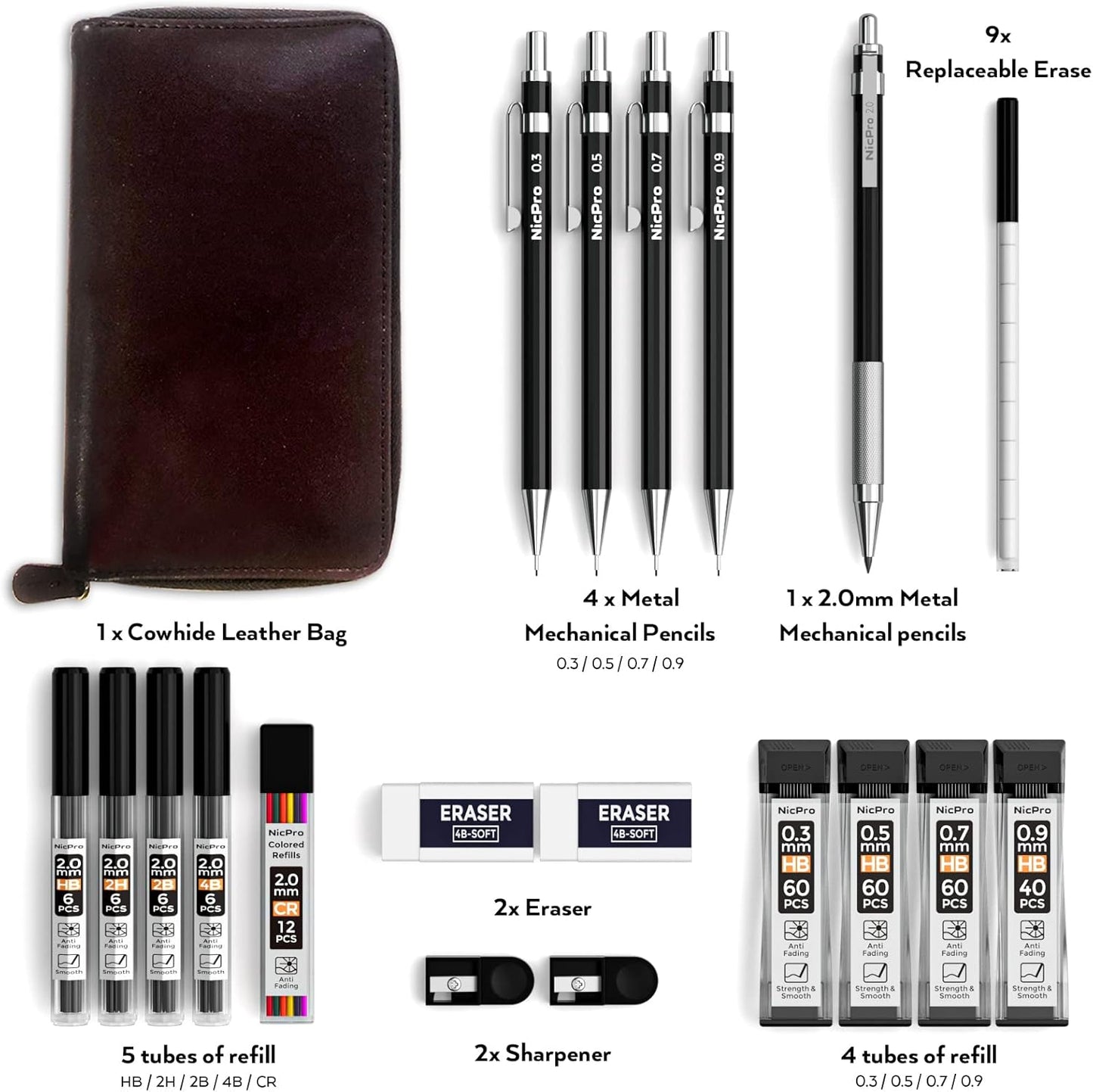 Nicpro 20PCS Black Metal Mechanical Pencil Set in Leather Case, 0.3, 0.5, 0.7, 0.9 mm & 2mm Lead Pencil Holders, (4B 2B HB 2H) Lead Refills (Black & Colors), Erasers For Art Drafting Sketching Drawing