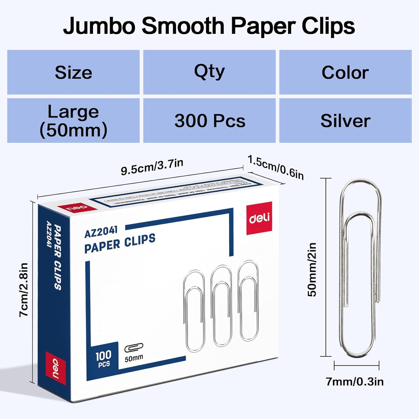 Deli Jumbo Paper Clips Smooth, 300 Large Paper Clips, 3 Boxes of 100 Each, Silver