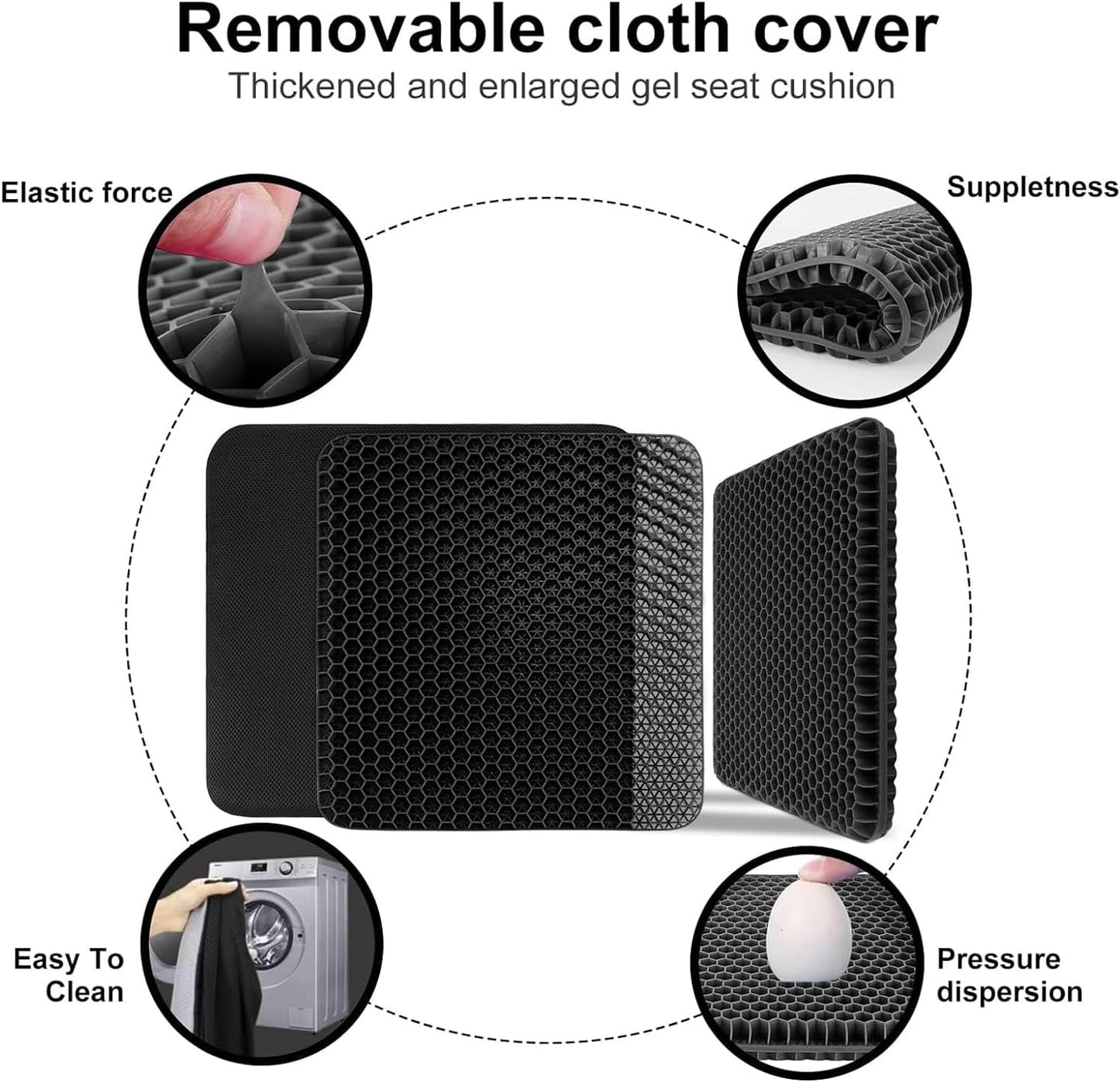 Gel Seat Cushion, 19x19inch Super Large Gel Cushion Pressure Pain Relief Seat Cushion for Long Sitting, Soft Breathable Gel Chair Pads for Home Office Wheelchair Car Seat (Black)