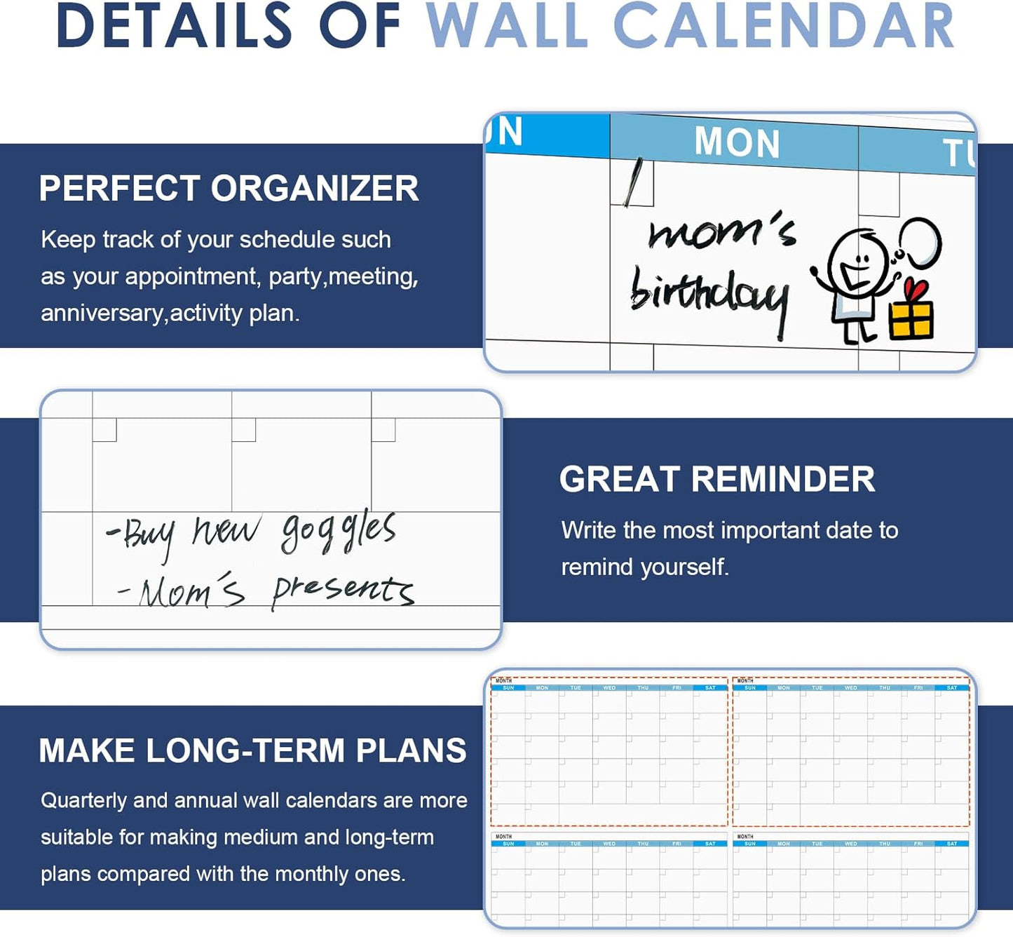 MAKELLO Large Magnetic Dry Erase Calendar Whiteboard Quarterly for Home, Bedroom, Office, Classroom, 4 Months, 36x24 in