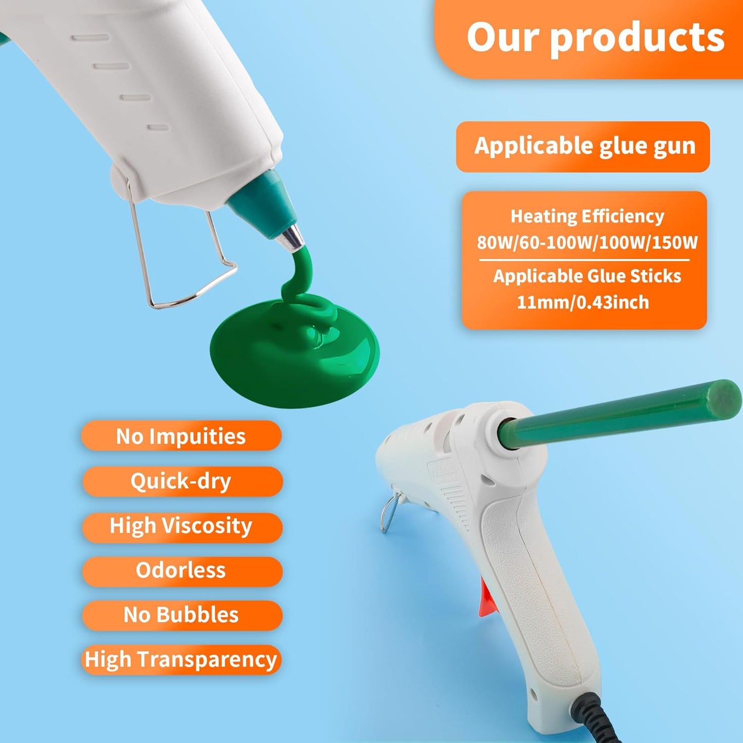 Green hot Glue Sticks Full Size 0.43” Dia x 8” Long, 52 pcs Hot melt Adhesive Glue Sticks, All-Purpose Colored Glue Gun Sticks for Christmas Decoration DIY Crafts Arts School Repair Bonding