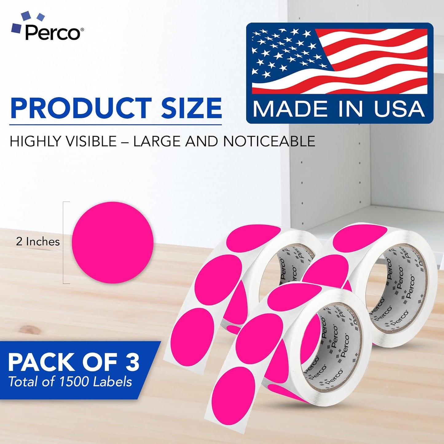 Perco Fluorescent Pink 2-Inch Round Circle Dot Sticker Labels - Multi-Roll Pack (3 Rolls, 500 Labels Each) - Permanent Adhesive, Vibrant Colors, Strong Hold - Perforated for Easy Use - Made in USA